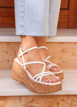 Linzi Orbit White Faux Lizard Strappy Cork Flatform Sandal