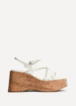 Linzi Orbit White Faux Lizard Strappy Cork Flatform Sandal