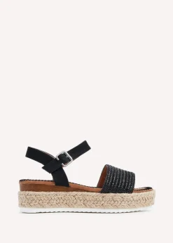 Linzi Panama Black Raffia Two Part Espadrille Inspired Flatform Sandal