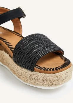 Linzi Panama Black Raffia Two Part Espadrille Inspired Flatform Sandal