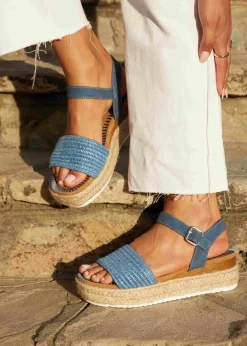 Linzi Panama Blue Raffia Two Part Espadrille Inspired Flatform Sandal