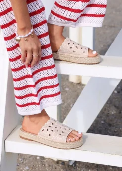 Linzi Parade Beige Faux Suede Floral Espadrille Flatform Slider