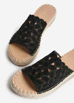 Linzi Parade Black Suede Floral Espadrille Flatform Slider