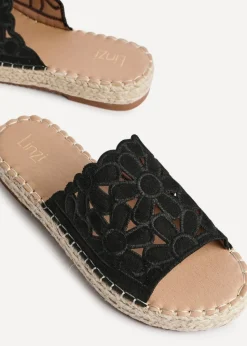 Linzi Parade Black Suede Floral Espadrille Flatform Slider