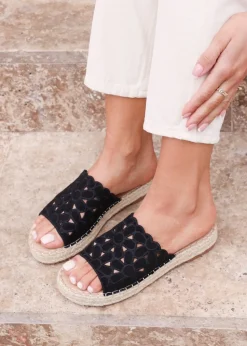 Linzi Parade Black Suede Floral Espadrille Flatform Slider