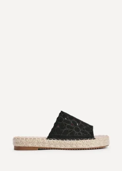 Linzi Parade Black Suede Floral Espadrille Flatform Slider