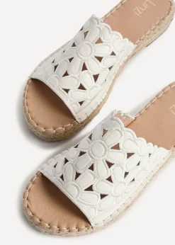 Linzi Parade White Faux Leather Floral Espadrille Flatform Slider