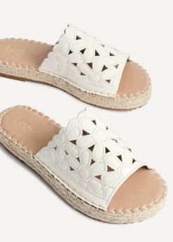 Linzi Parade White Faux Leather Floral Espadrille Flatform Slider