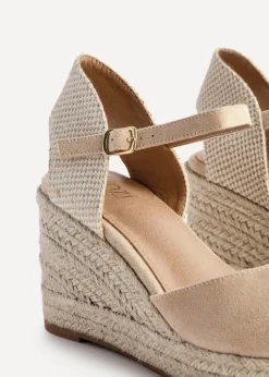 Linzi Present Beige Faux Suede Closed Toe And Open Back Espadrille Wedge