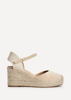Linzi Present Beige Faux Suede Closed Toe And Open Back Espadrille Wedge