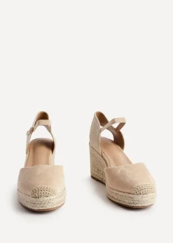 Linzi Present Beige Faux Suede Closed Toe And Open Back Espadrille Wedge