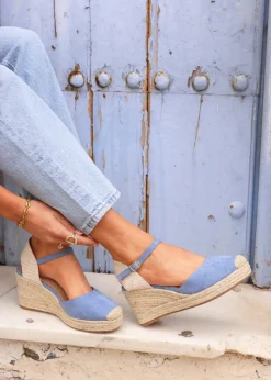 Linzi Present Blue Faux Suede Closed Toe And Open Back Espadrille Wedge
