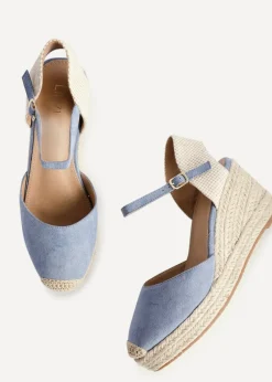 Linzi Present Blue Faux Suede Closed Toe And Open Back Espadrille Wedge