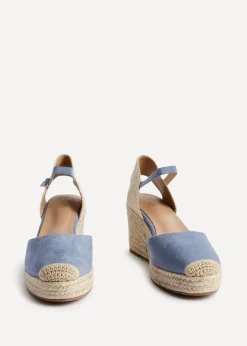 Linzi Present Blue Faux Suede Closed Toe And Open Back Espadrille Wedge