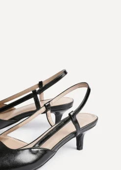 Linzi Refined Black Faux Leather Slingback Kitten Court Heels
