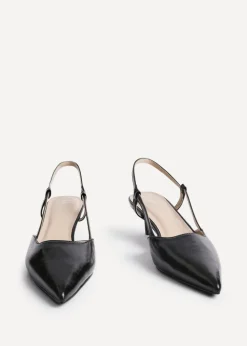 Linzi Refined Black Faux Leather Slingback Kitten Court Heels