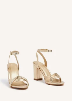 Linzi Regina Gold Faux Leather Block Heeled Sandal