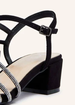 Linzi Riri Black Faux Suede Diamante Strappy Block Heeled Sandal