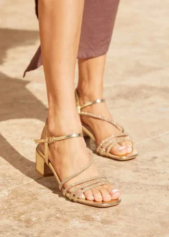 Linzi Riri Gold Faux Leather Diamante Strappy Block Heeled Sandal