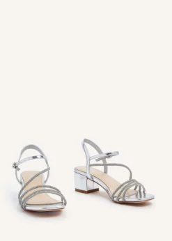 Linzi Riri Silver Faux Leather Diamante Strappy Block Heeled Sandal