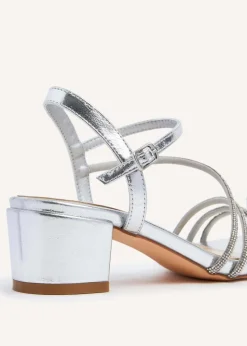Linzi Riri Silver Faux Leather Diamante Strappy Block Heeled Sandal