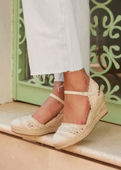 Linzi Riviera Beige Woven Closed Toe Espadrille Wedge