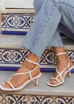 Linzi Roxanne White Faux Leather Toe-Post Strappy Heeled Sandals