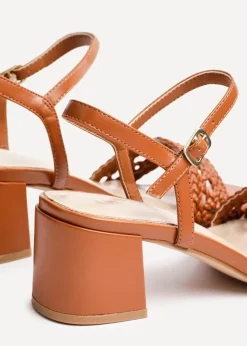 Linzi Ruthie Tan Faux Leather Handwoven Low Block Heeled Sandal