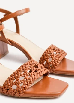 Linzi Ruthie Tan Faux Leather Handwoven Low Block Heeled Sandal