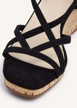 Linzi Safiya Black Faux Suede Strappy Wedge Sandal