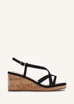 Linzi Safiya Black Faux Suede Strappy Wedge Sandal