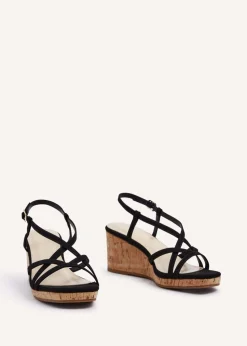 Linzi Safiya Black Faux Suede Strappy Wedge Sandal