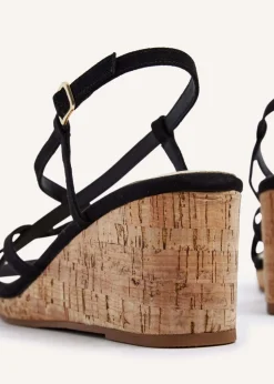 Linzi Safiya Black Faux Suede Strappy Wedge Sandal