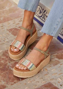 Linzi Sage Green Faux Nubuck Front Strap Raffia Flatform Sandal