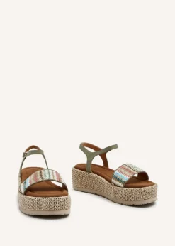 Linzi Sage Green Faux Nubuck Front Strap Raffia Flatform Sandal
