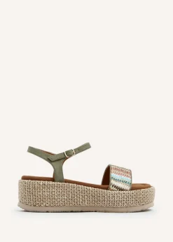 Linzi Sage Green Faux Nubuck Front Strap Raffia Flatform Sandal