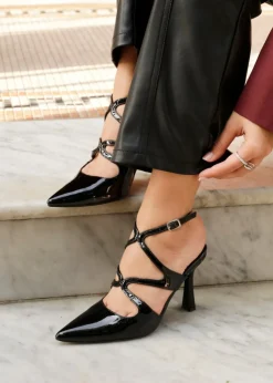 Linzi Sammi Black Faux Patent Caged Upper Court Heel