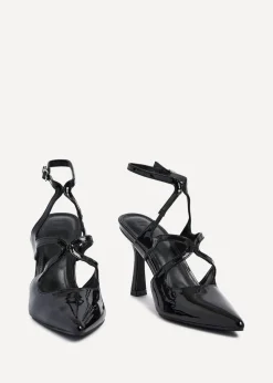 Linzi Sammi Black Faux Patent Caged Upper Court Heel