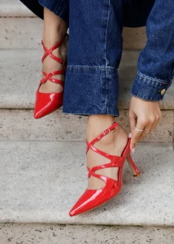 Linzi Sammi Red Faux Patent Caged Upper Court Heel