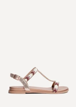 Linzi Sandie Pink Faux Leather T Bar Embellished Flat Sandals