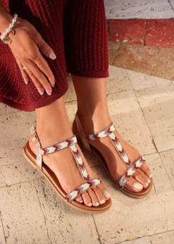 Linzi Sandie Pink Faux Leather T Bar Embellished Flat Sandals