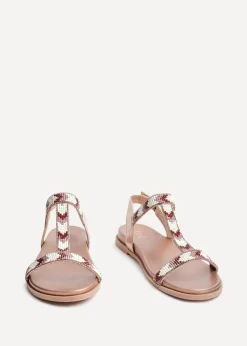 Linzi Sandie Pink Faux Leather T Bar Embellished Flat Sandals
