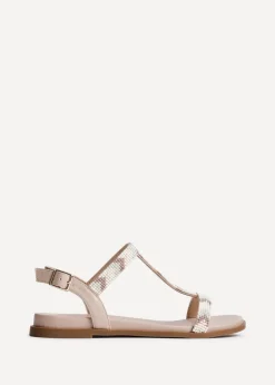 Linzi Sandie Taupe Faux Leather T Bar Embellished Flat Sandals