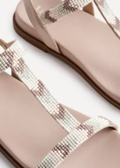 Linzi Sandie Taupe Faux Leather T Bar Embellished Flat Sandals