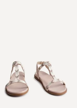 Linzi Sandie Taupe Faux Leather T Bar Embellished Flat Sandals