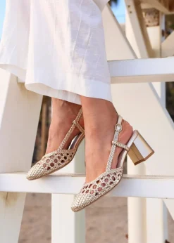 Linzi Sandria Gold Faux Leather Hand Woven Court Heels