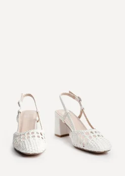 Linzi Sandria White Faux Leather Hand Woven Court Heels