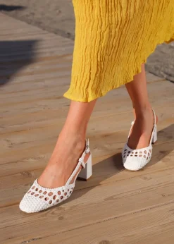Linzi Sandria White Faux Leather Hand Woven Court Heels