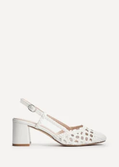 Linzi Sandria White Faux Leather Hand Woven Court Heels