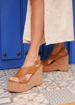 Linzi Santana Tan Faux Leather Crossover High Platform Cork Wedge